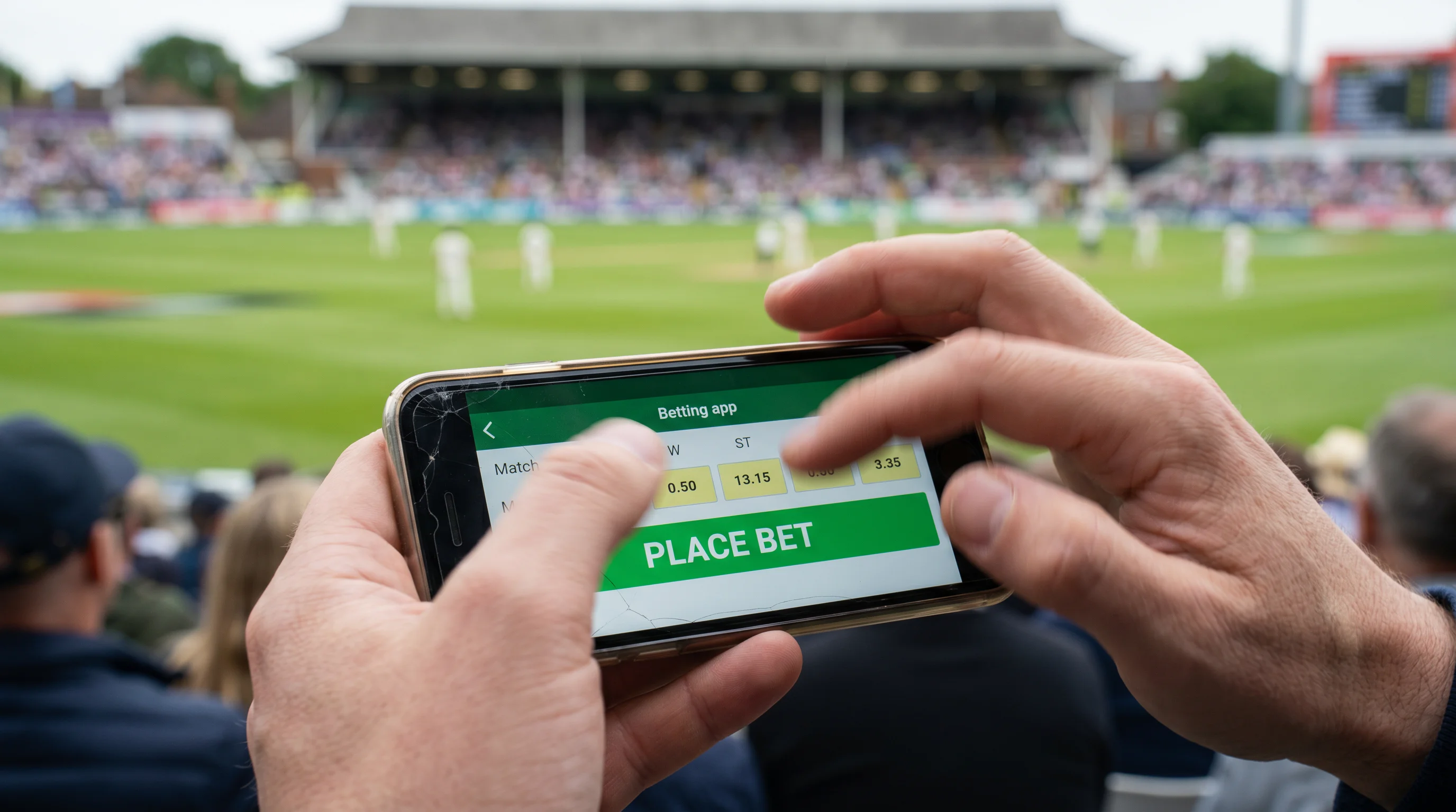 Hands holding a smartphone placing a quick cricket bet during a live T20 match from the stands