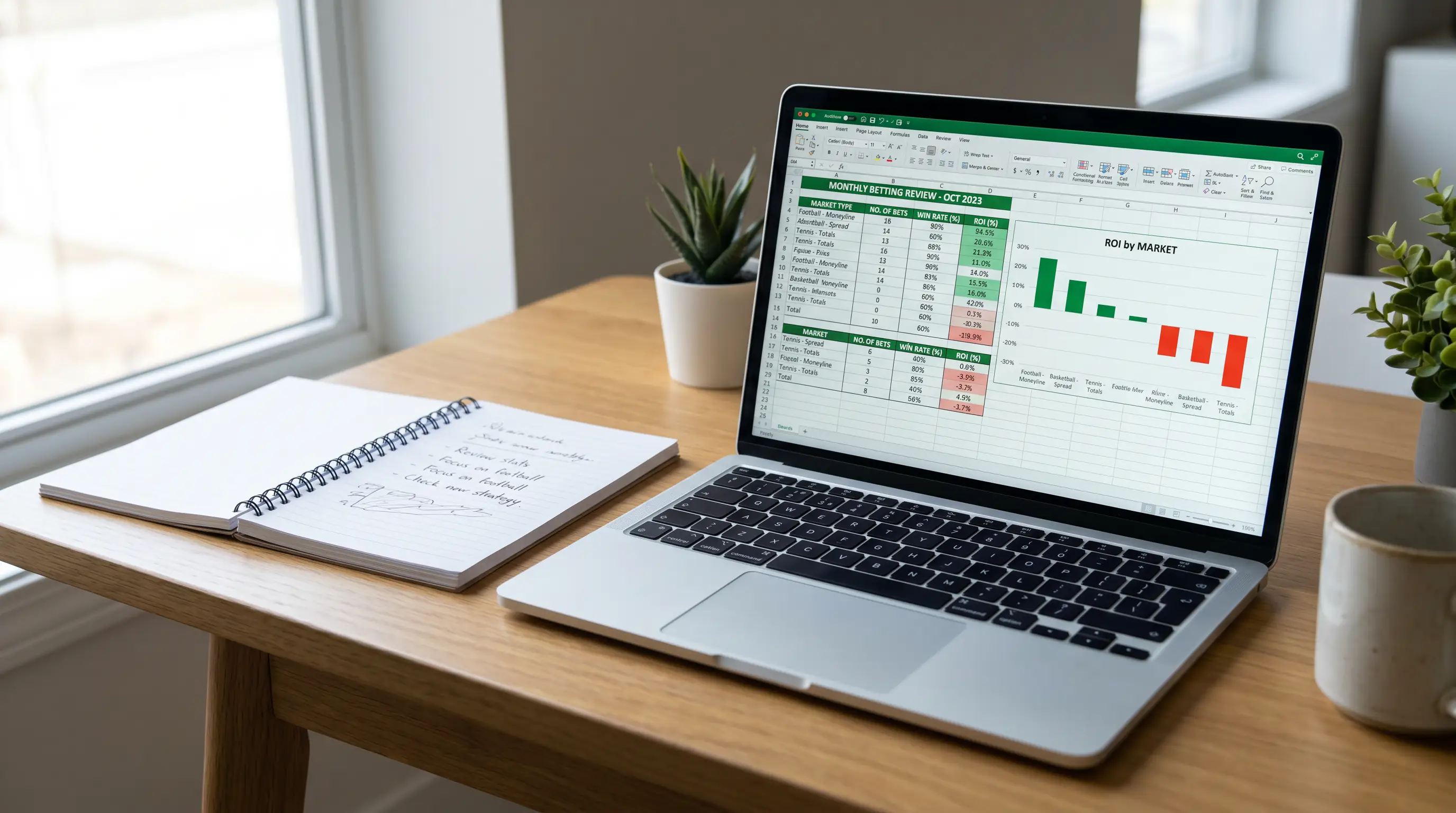 Monthly cricket betting review spreadsheet showing return on investment broken down by market type