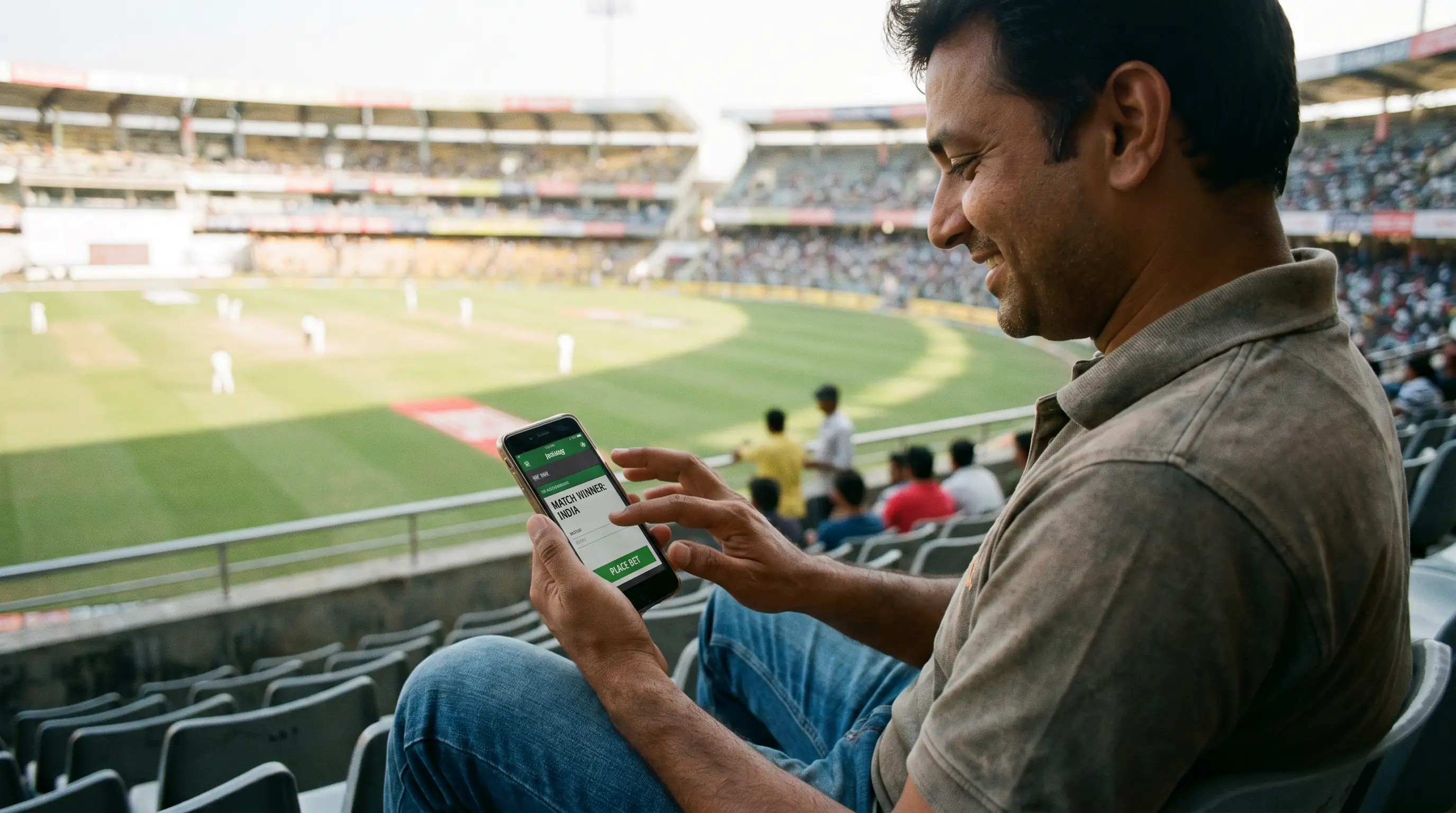 Relaxed cricket fan placing a casual bet on a mobile phone during a match