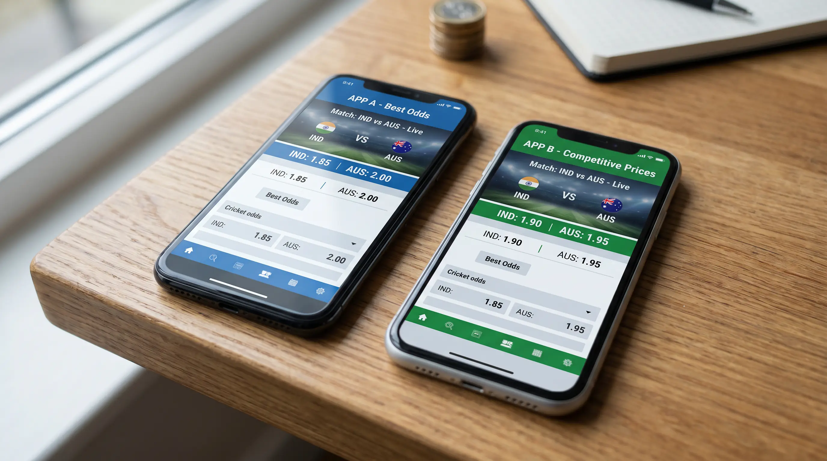 Two smartphones side by side displaying different cricket betting apps with varying live match odds