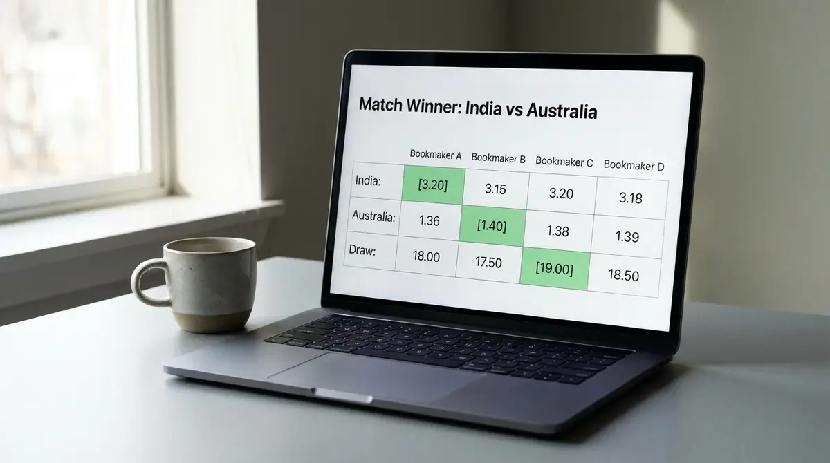 Multiple browser tabs open on a laptop each showing different bookmaker cricket odds for the same match