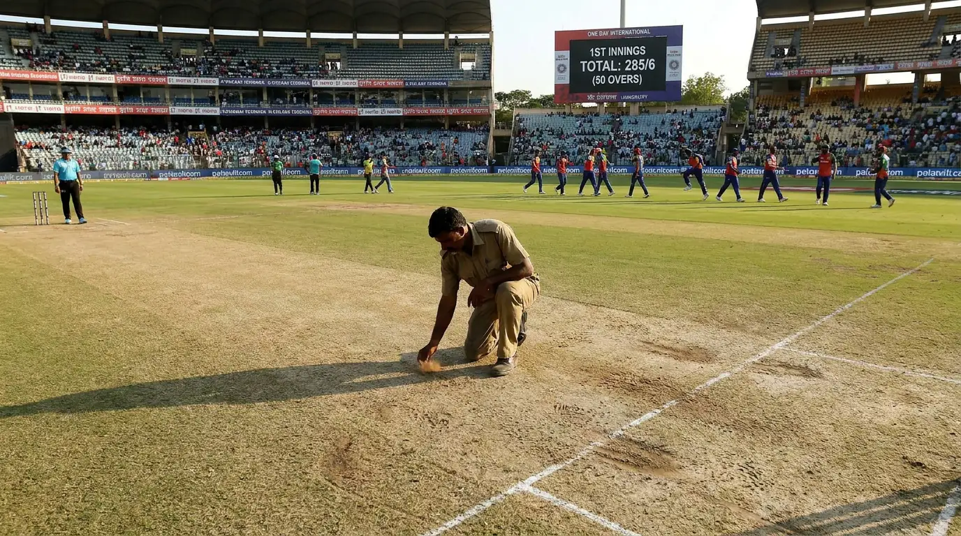 Groundsman inspecting the pitch during the ODI innings break while teams warm up