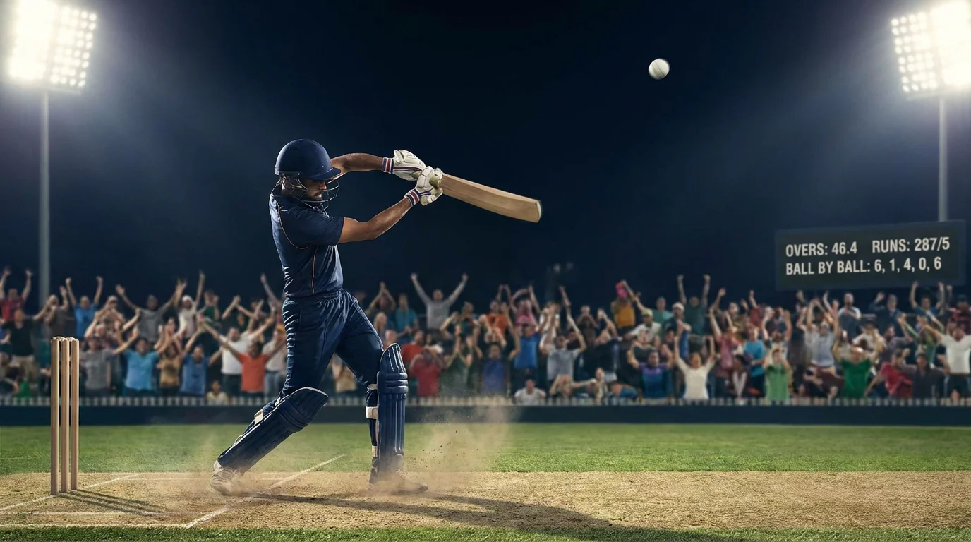 Batsman launching a six over long-on during the death overs of an ODI innings