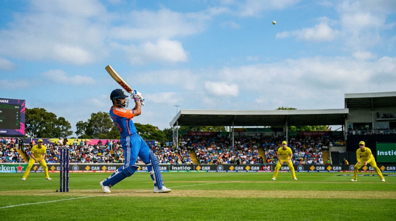 ODI batsman playing a lofted drive over the infield during the middle overs of an innings