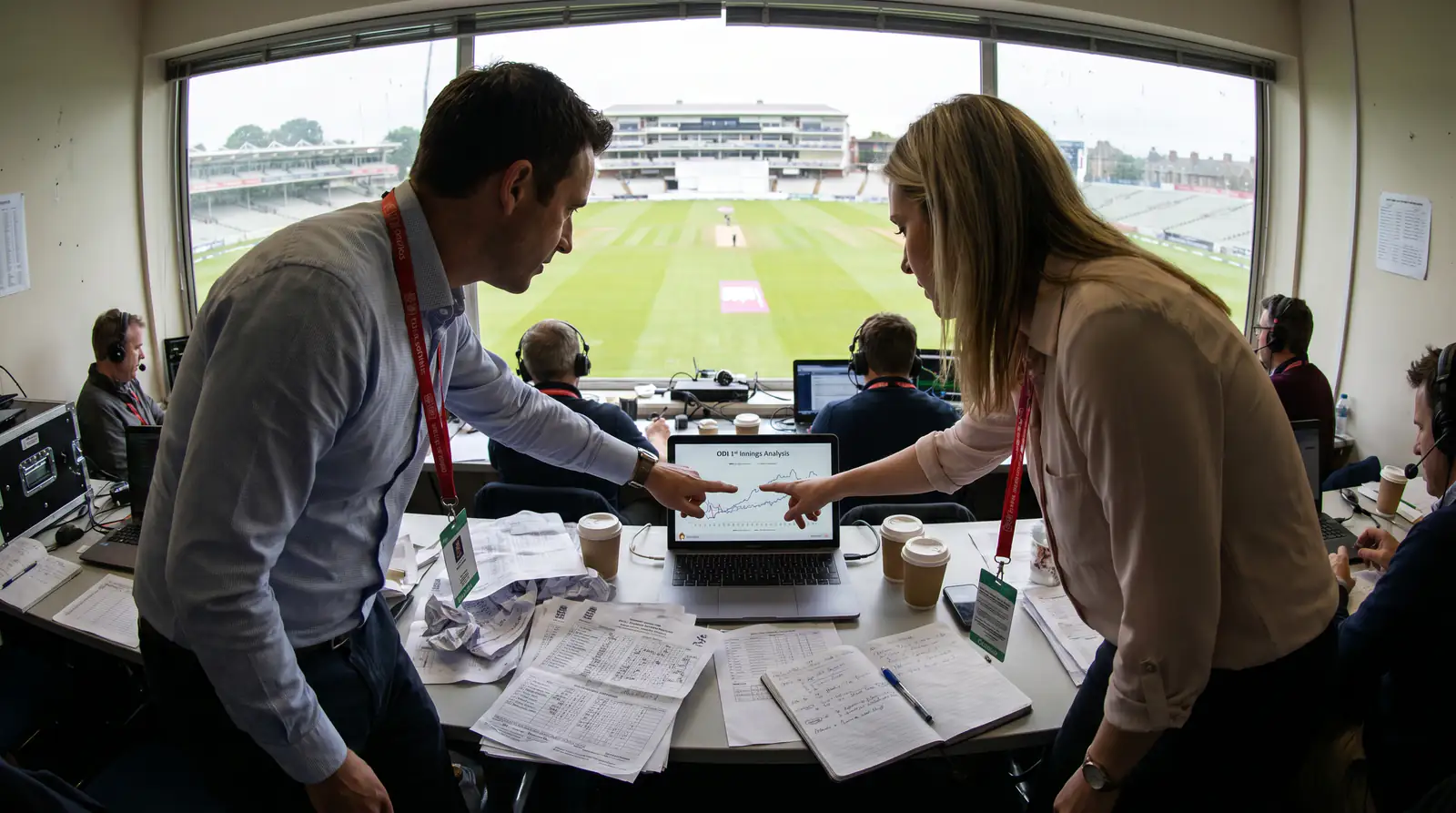 Cricket analysts reviewing first-innings data on a laptop during the ODI innings interval