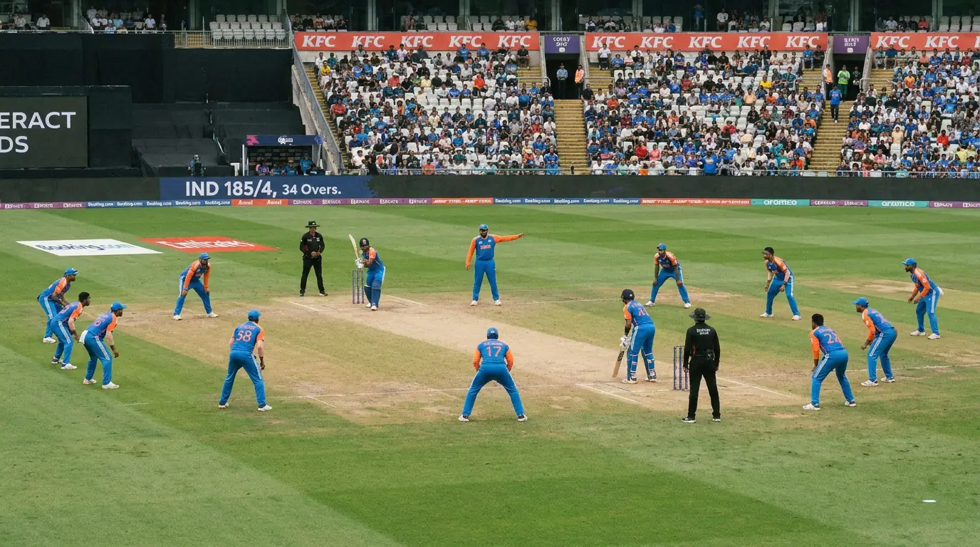 Cricket fielding team with tight field placements during the middle overs of an ODI creating batting pressure