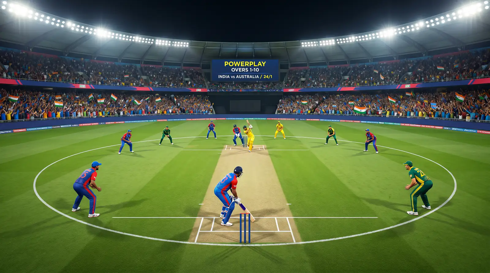 ODI cricket fielding setup during the powerplay with only two fielders outside the inner ring