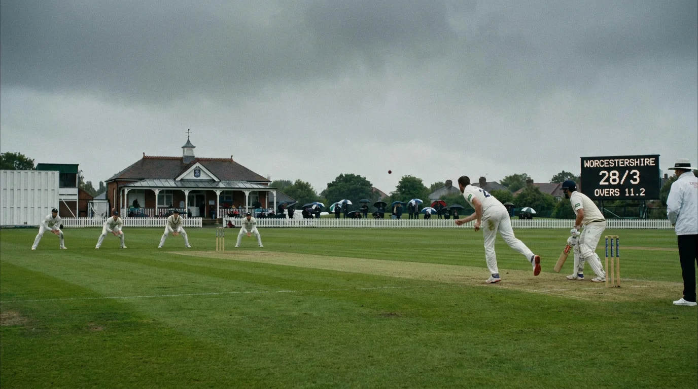 English cricket ground under overcast skies with seam-friendly conditions favouring the home bowling attack