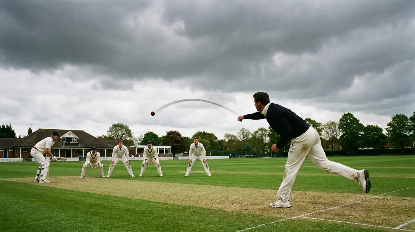 Overcast English cricket ground with heavy cloud cover creating ideal conditions for swing bowling