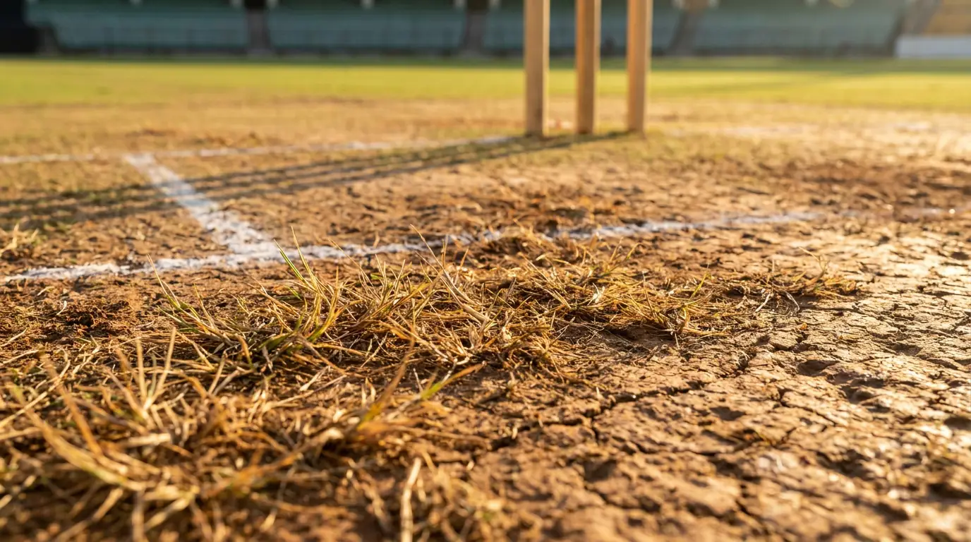 Close-up view of a cricket pitch surface showing grass coverage and soil texture before a match