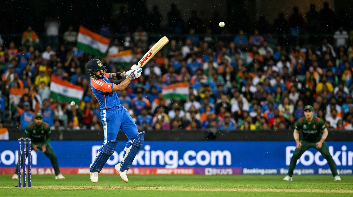 Cricket batsman playing an aggressive lofted shot during the T20 powerplay with fielders inside the circle