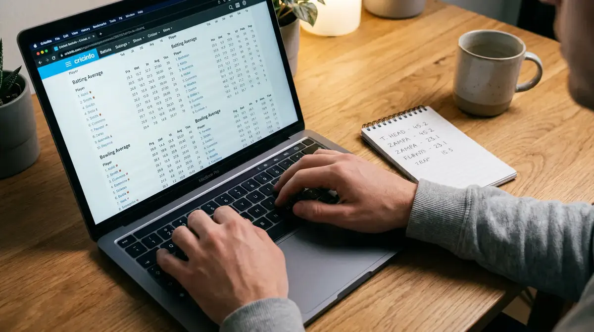 Laptop displaying cricket match statistics and team form data used during pre-match research