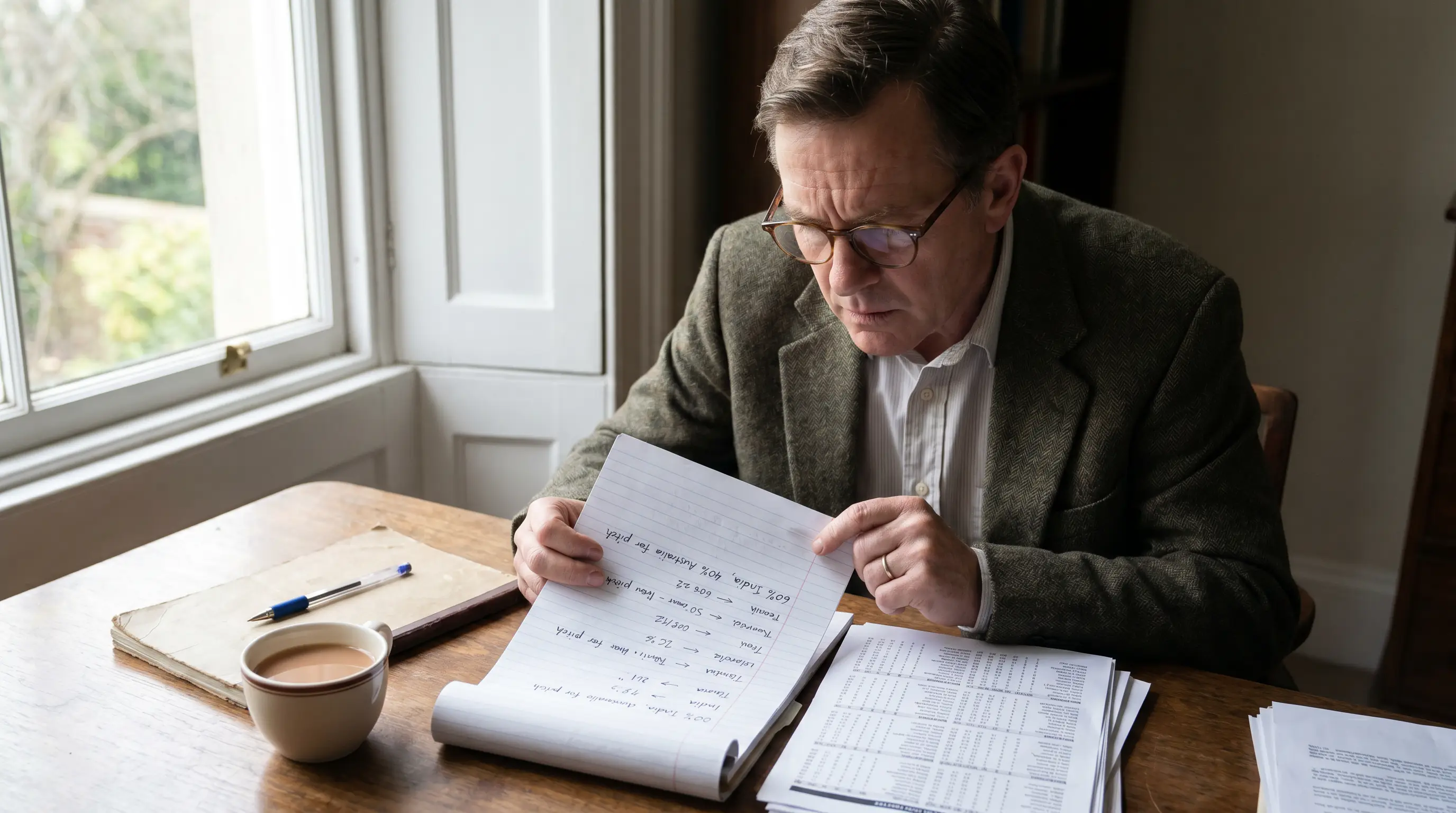 Punter reviewing pre-match notes and adjusting probability estimates before a cricket bet