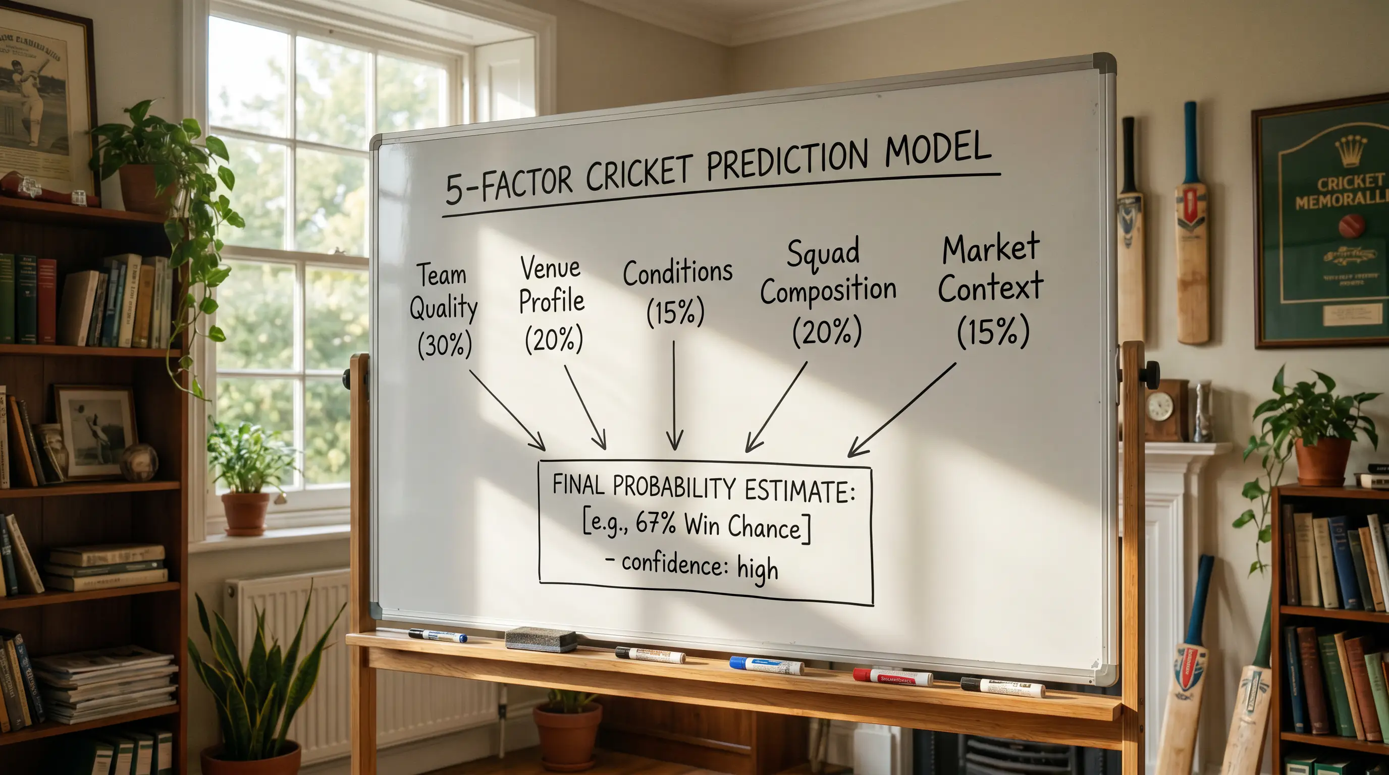 Simple five-factor prediction model laid out on a whiteboard with weighted scores for each input