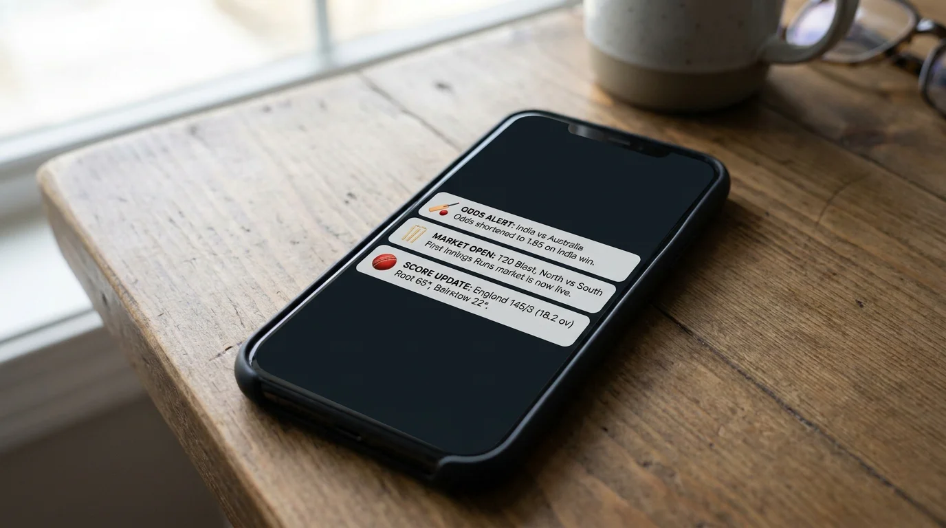 Smartphone lock screen showing cricket betting push notifications for odds shifts and market alerts