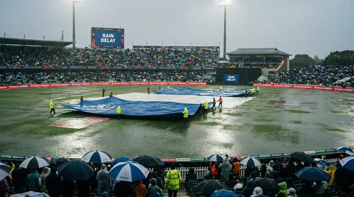 Ground staff pulling rain covers across the pitch during a weather delay at a cricket match