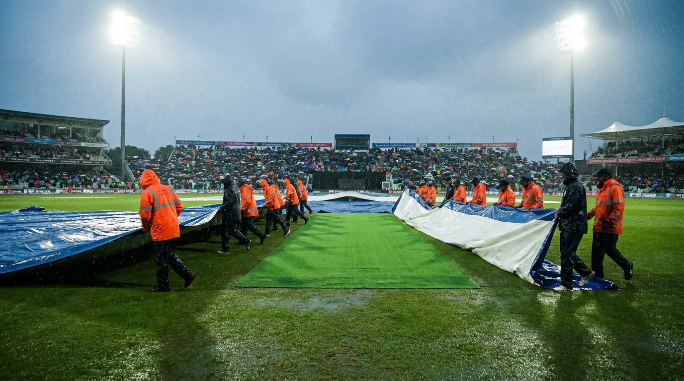 Ground staff pulling rain covers onto a cricket pitch during a match interruption
