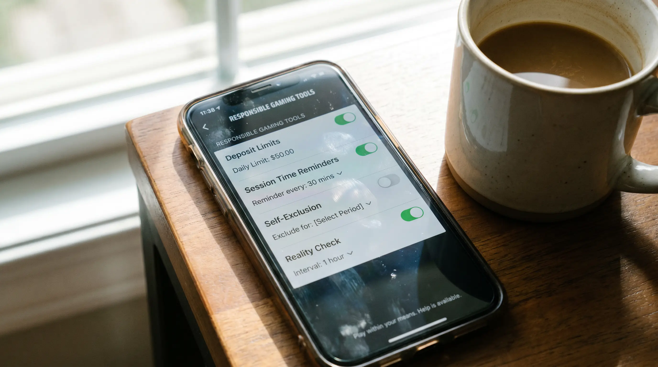 Mobile app settings screen showing deposit limits and session time reminders for responsible gambling