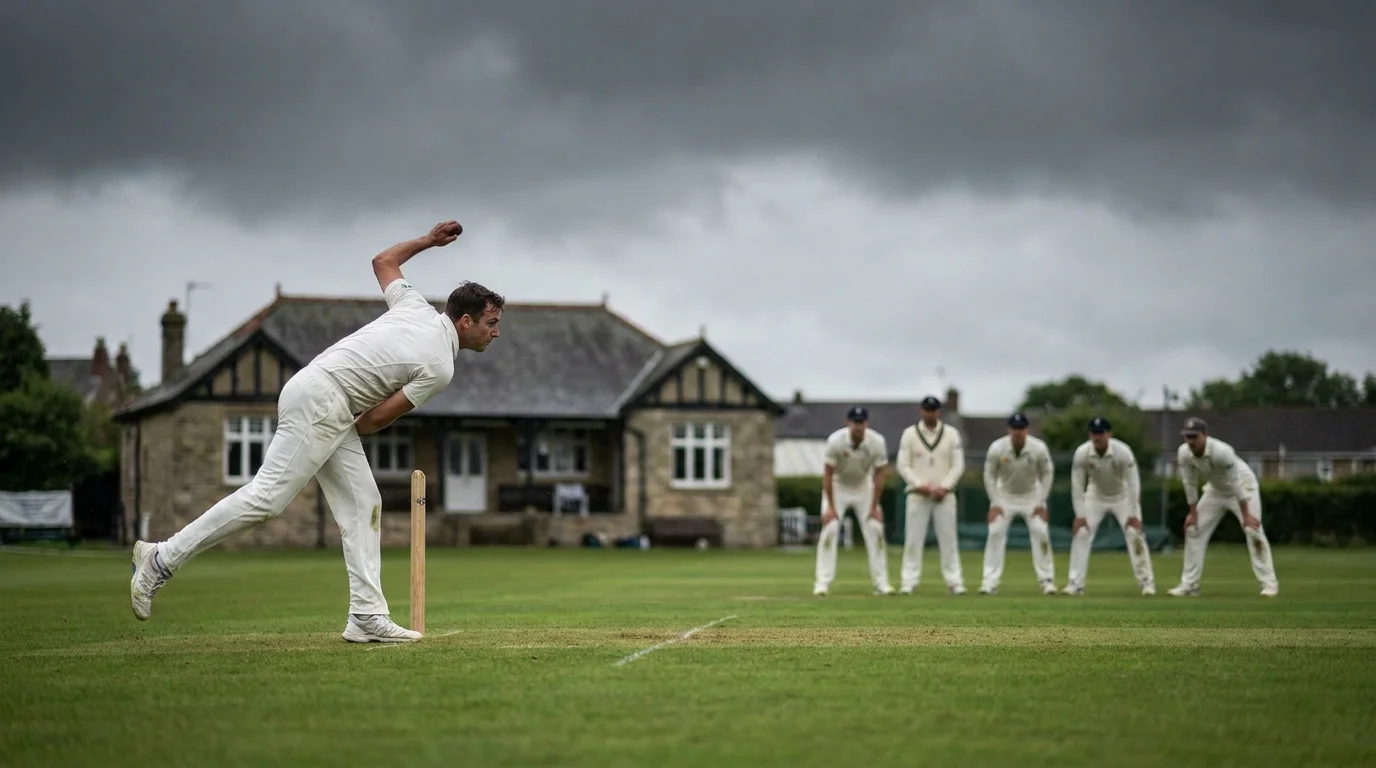 Seam bowler running in to bowl on a green pitch with heavy cloud cover at an English cricket ground