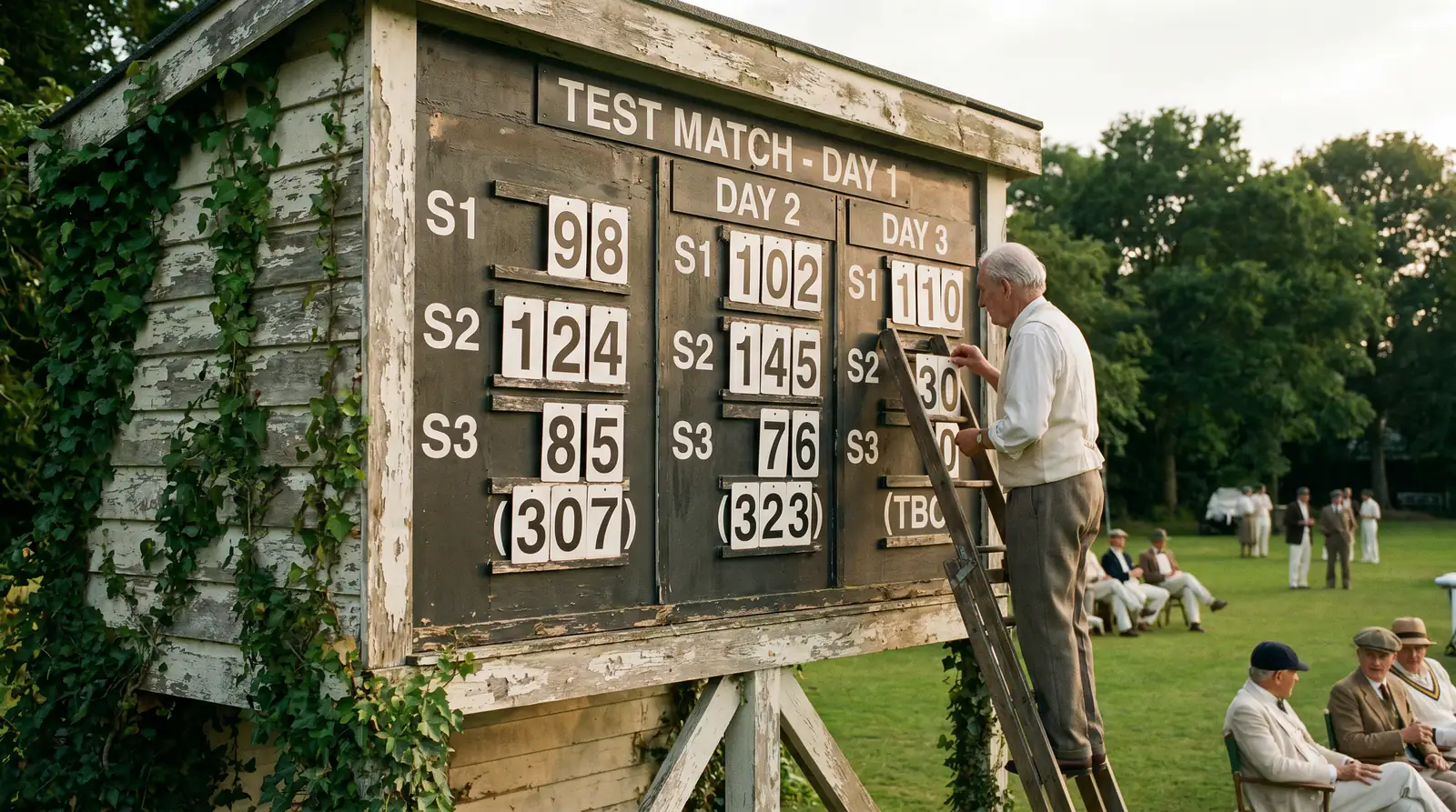 Scoreboard showing session-by-session run totals in a Test match across three days