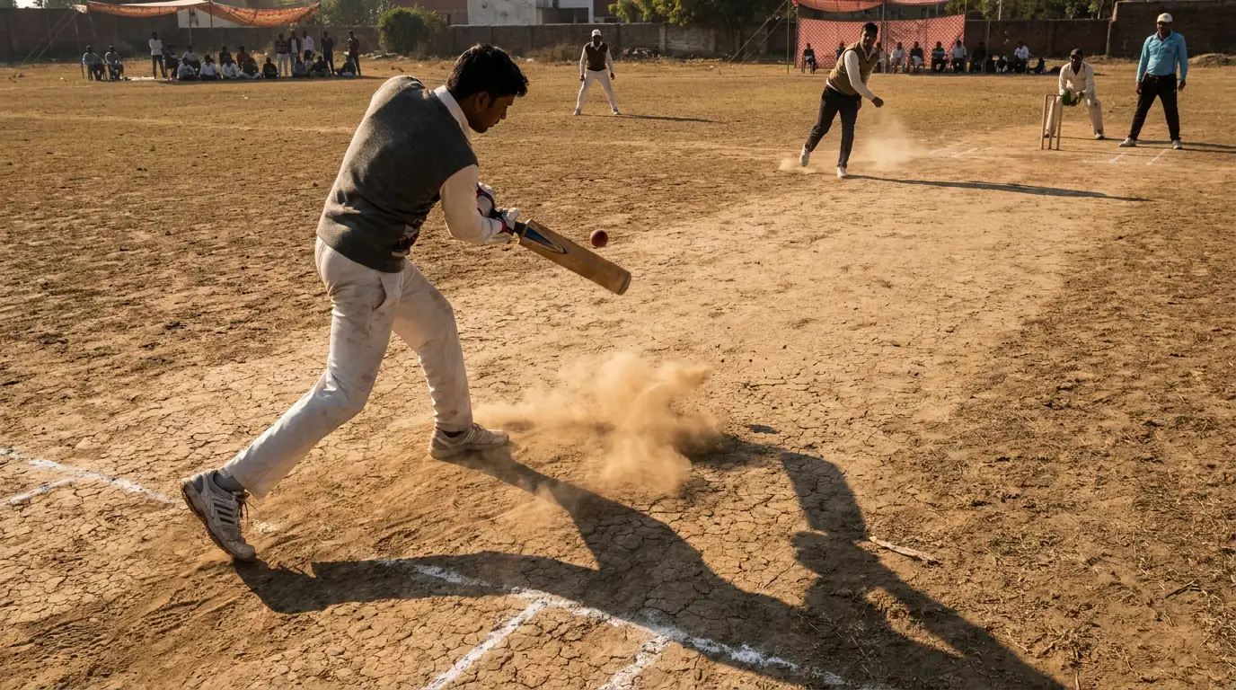 Batsman executing a sweep shot against spin bowling on a dry turning subcontinental pitch