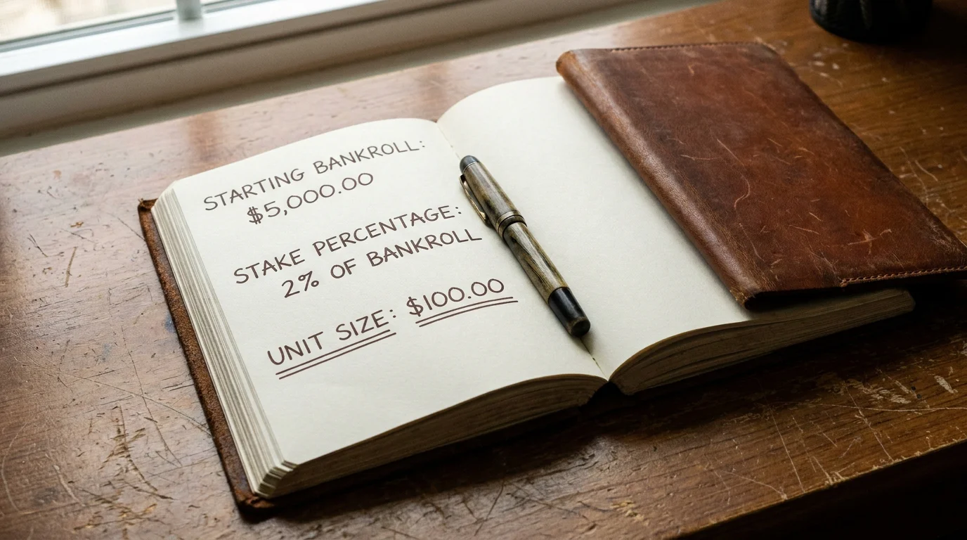 Handwritten staking plan showing unit sizes calculated as a percentage of a starting cricket betting bankroll