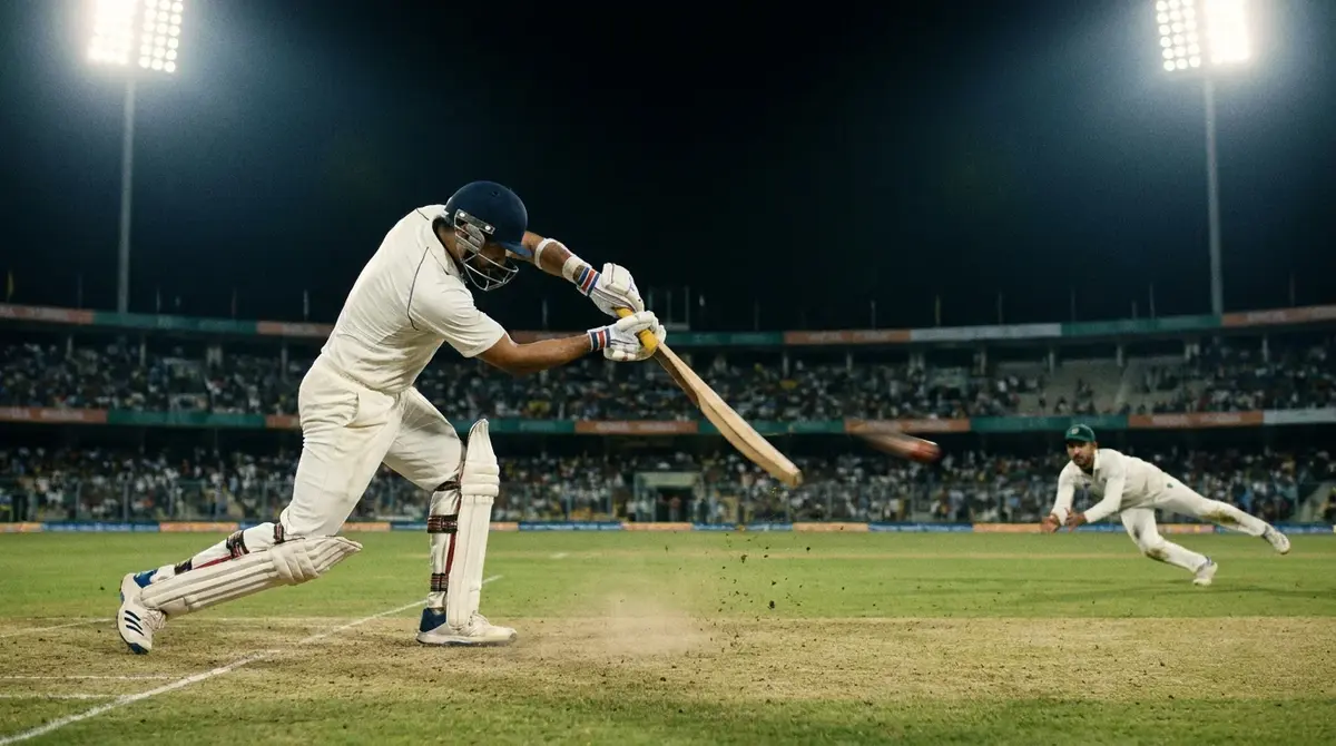 T20 batsman driving through the covers during the powerplay with close-in fielders spread wide