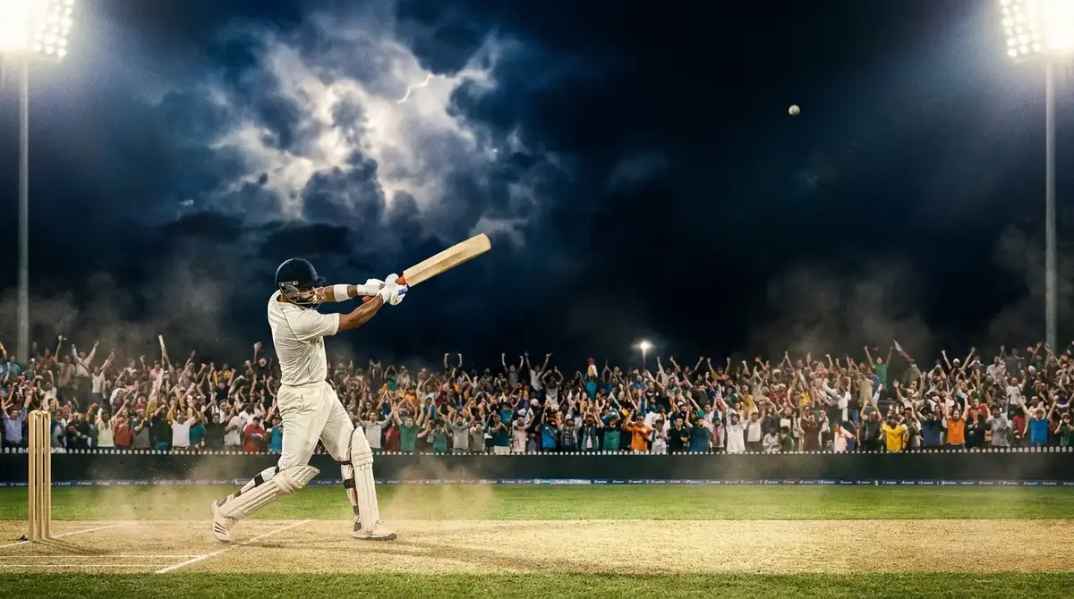 T20 cricket batsman playing an aggressive shot during a floodlit franchise match