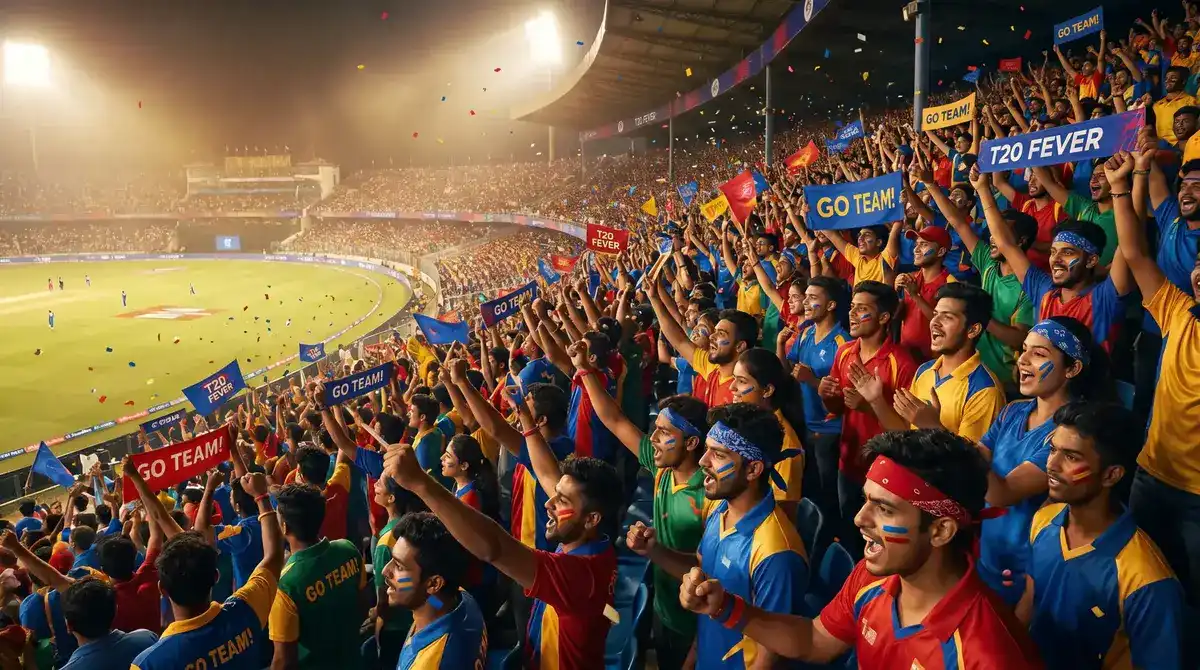 Packed T20 franchise cricket stadium with colourful crowd waving team flags and banners