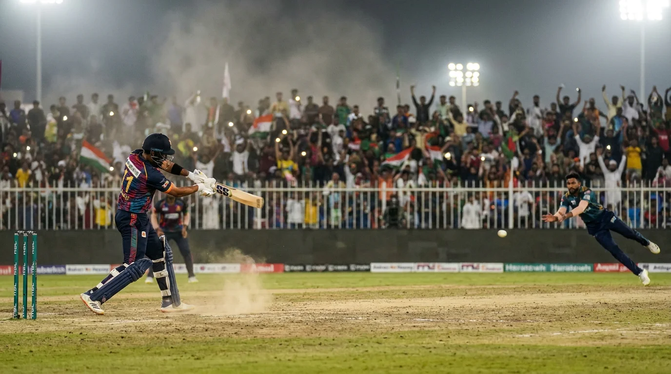 T20 batsman hitting a boundary during the death overs with fielders spread across the rope