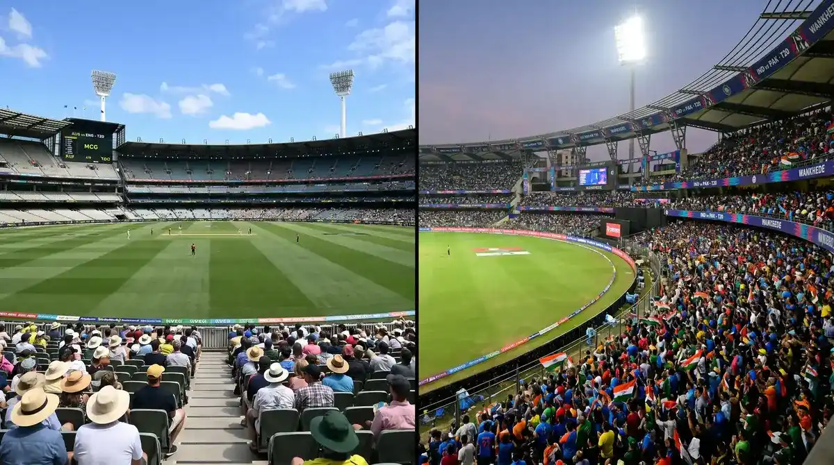 Contrasting cricket venues from different T20 leagues showing varied pitch and ground conditions