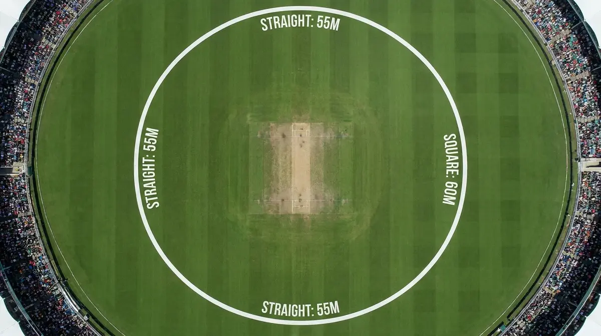 Aerial view of a T20 cricket ground showing short boundaries and the rope marking the playing area