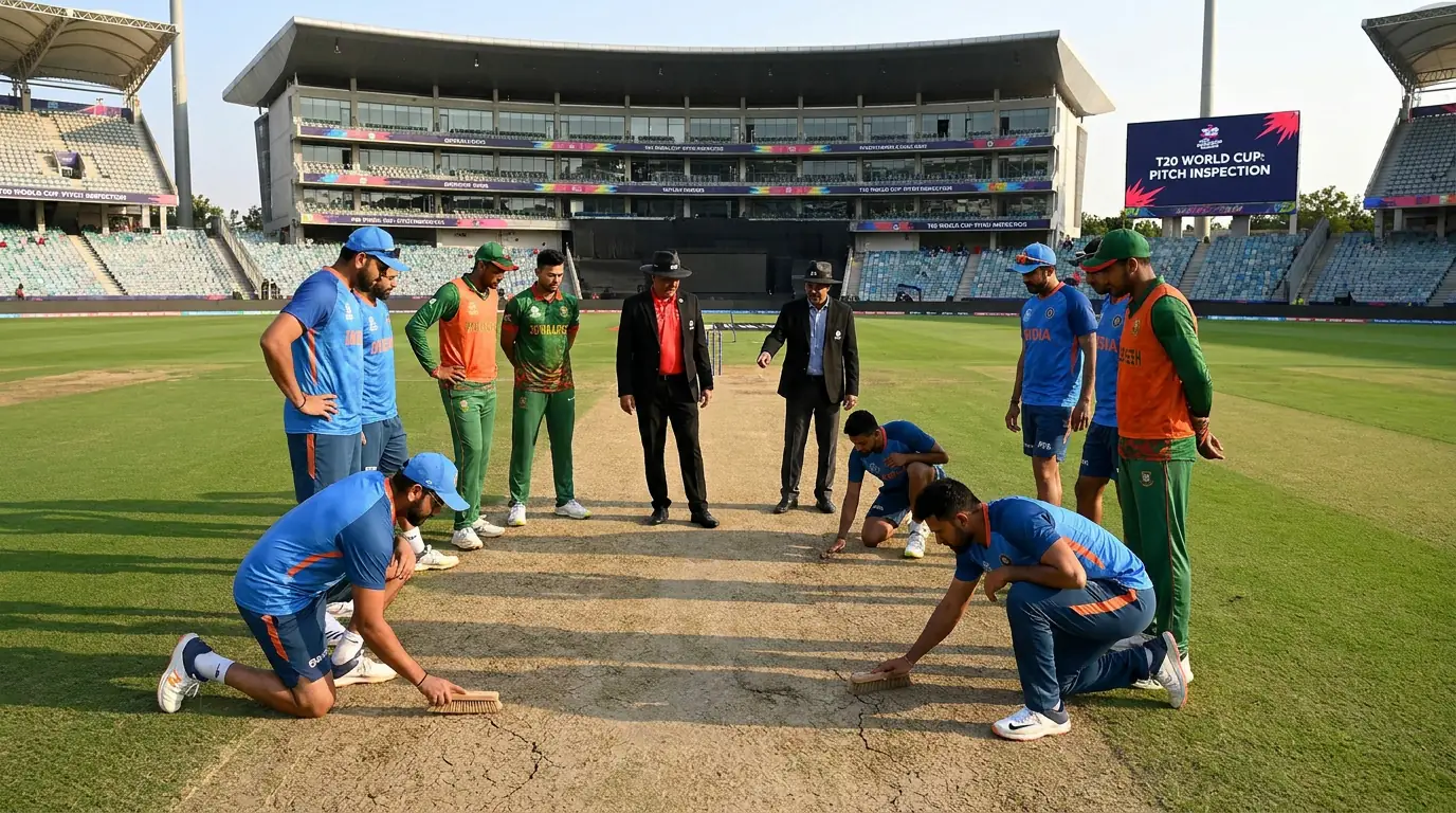 Cricket teams and officials inspecting the pitch before a T20 match to assess surface conditions