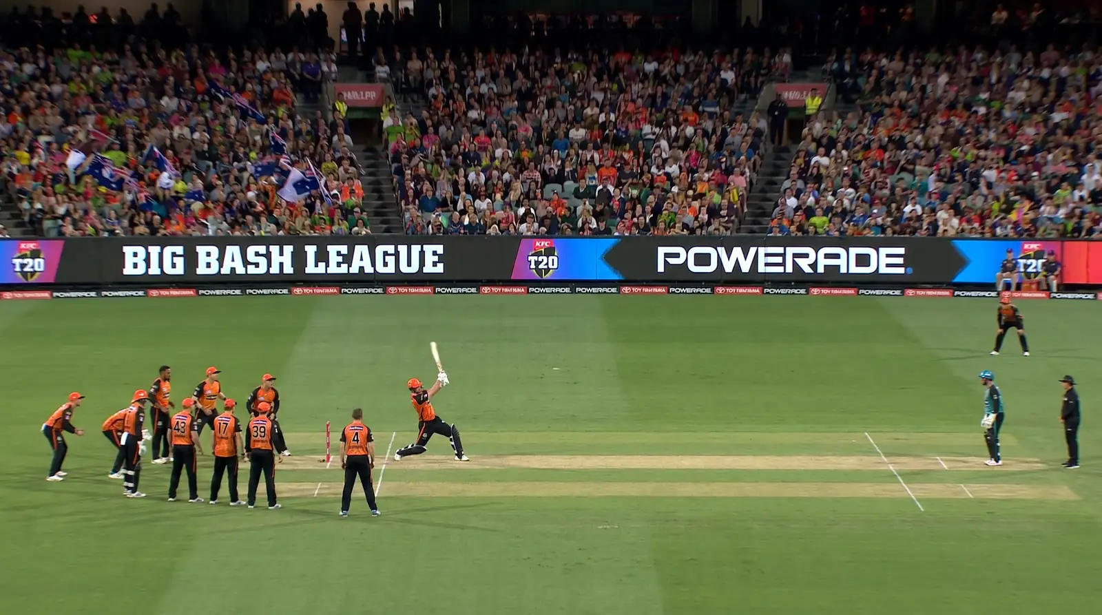 T20 cricket field during the powerplay with only two fielders outside the inner ring