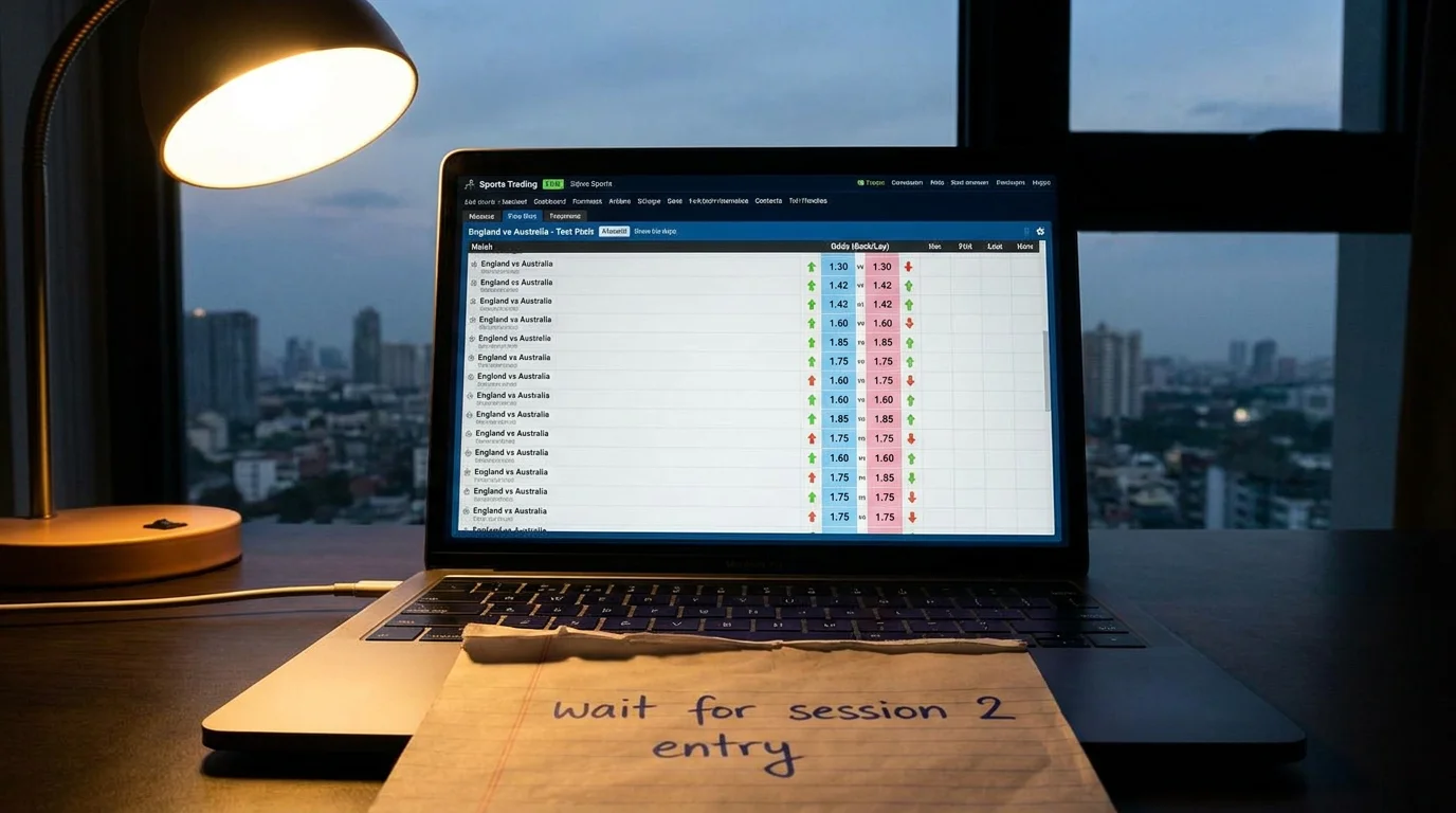 Laptop showing fluctuating Test match exchange odds during a dramatic session of play