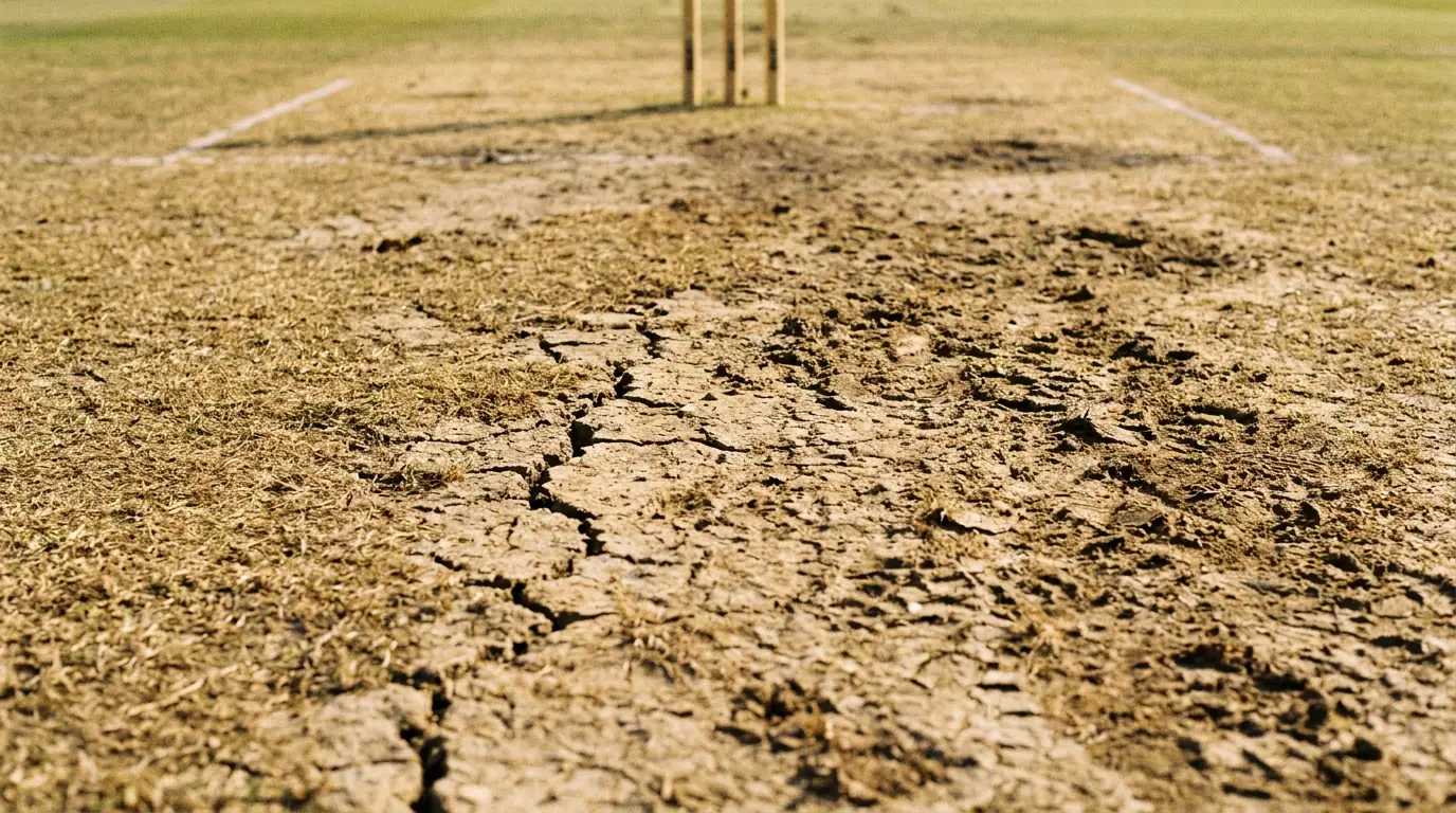 Close-up of a worn Test cricket pitch showing cracks and dry patches on day three