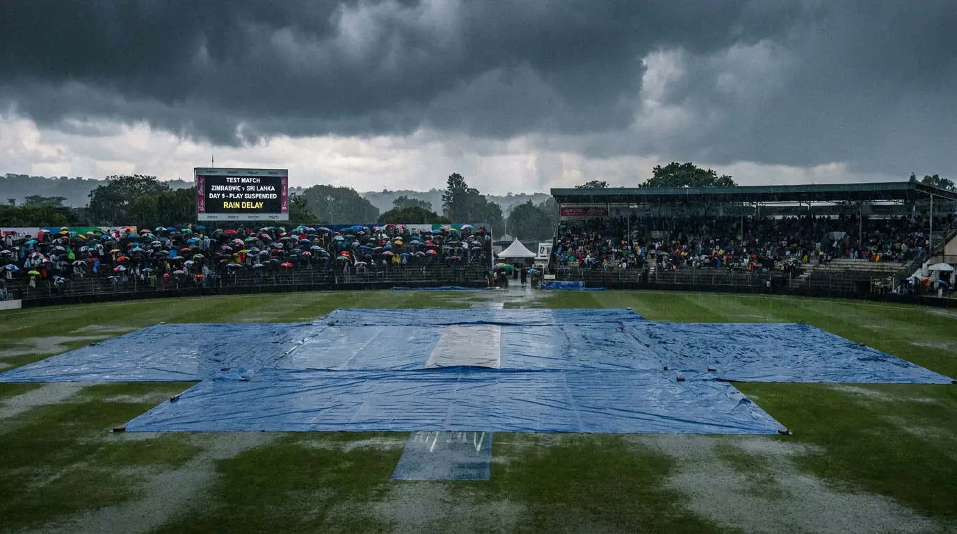 Cricket ground covers on the pitch during a rain delay in a Test match with dark clouds overhead