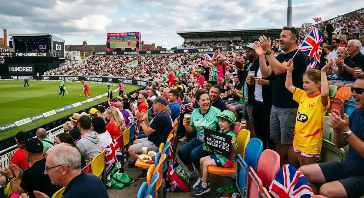 Crowd at The Hundred cricket match enjoying a lively atmosphere at an English ground