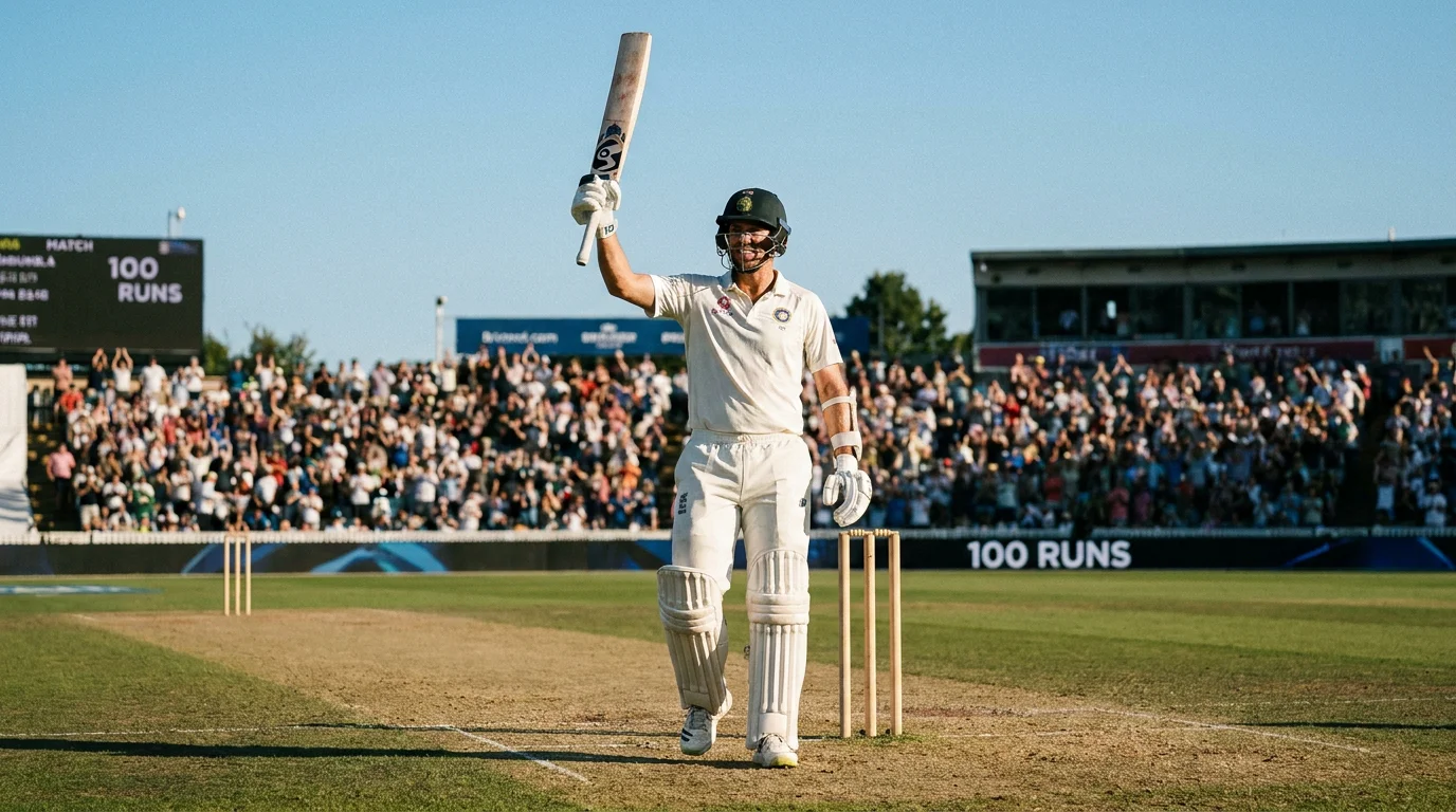Cricket batsman raising the bat after reaching a century milestone during a competitive match