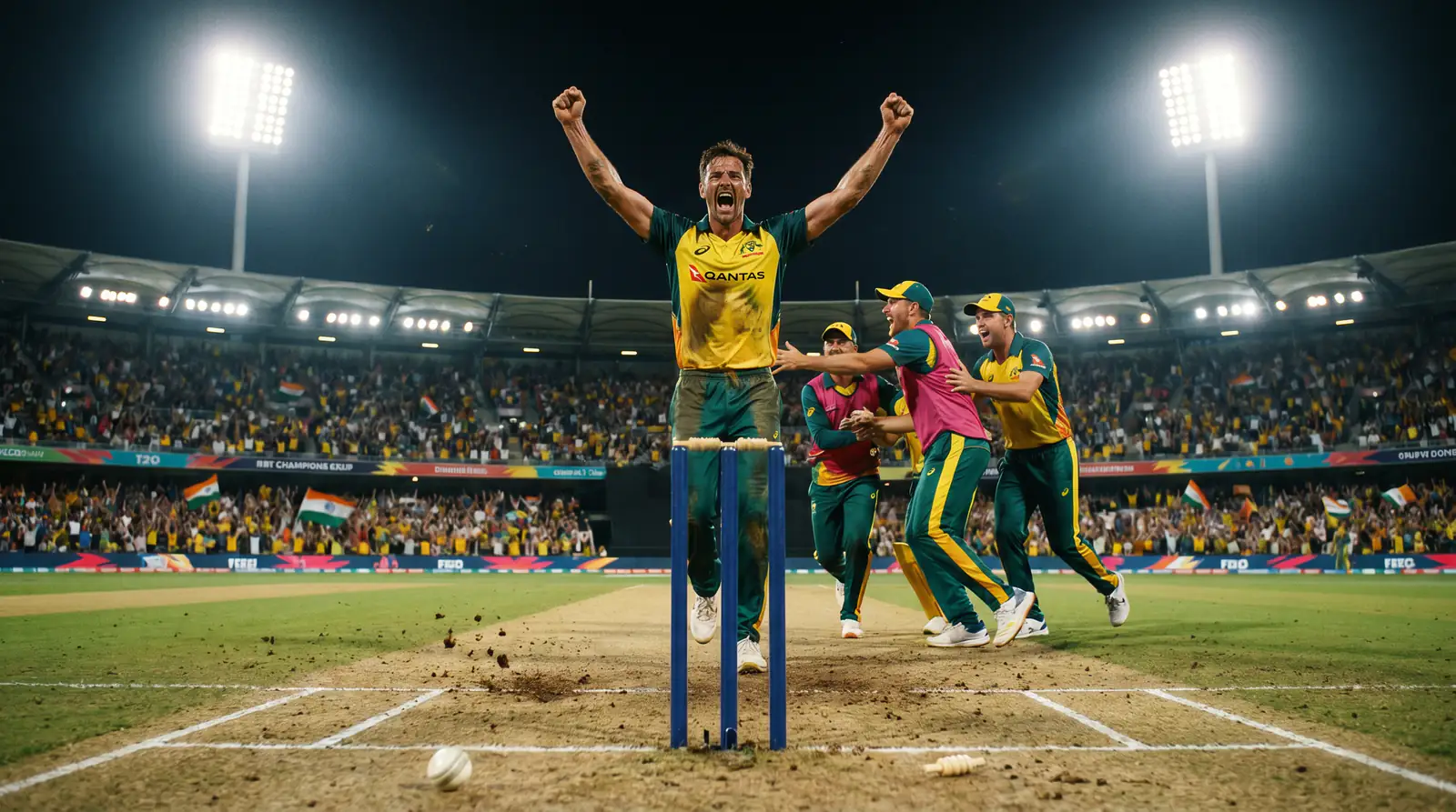 Cricket fast bowler celebrating a wicket with teammates during a competitive match under floodlights