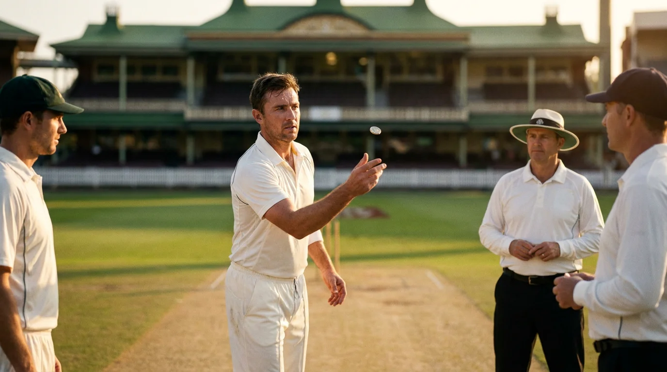 Cricket captain flipping a coin at the toss before a match with both teams watching