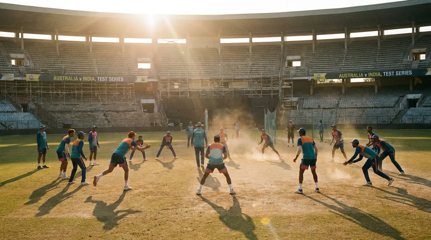 Touring cricket team conducting a fielding drill at an unfamiliar overseas ground before a Test
