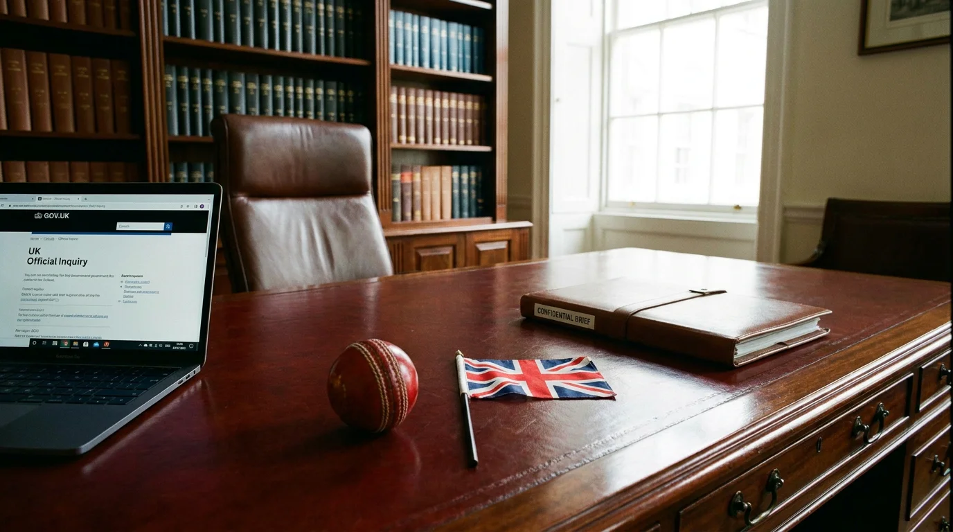 Gavel and cricket ball on a desk with UK legal documents and a laptop open to UKGC website
