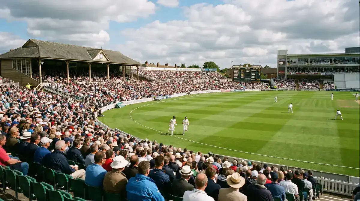 Well-attended English cricket ground with spectators in the stands during a domestic match
