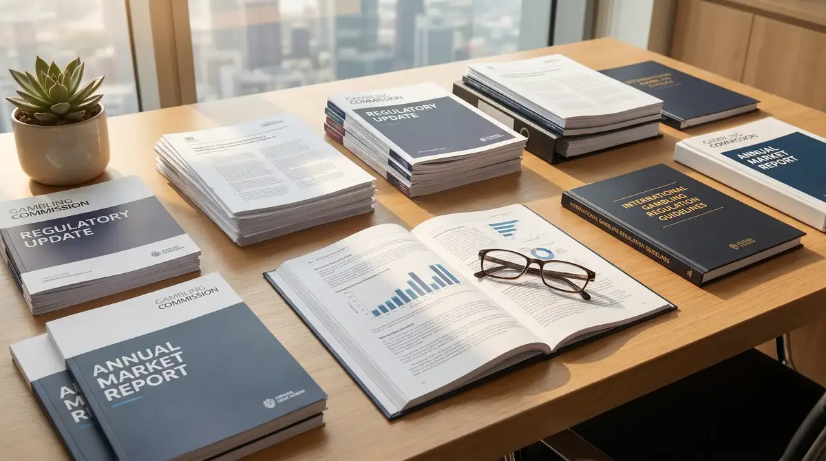 Professional office setting with documents and regulatory guides related to UK gambling compliance