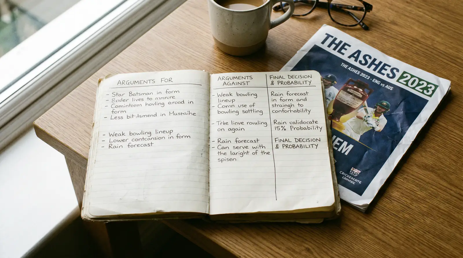Bettor writing down arguments for and against a cricket selection in a notebook
