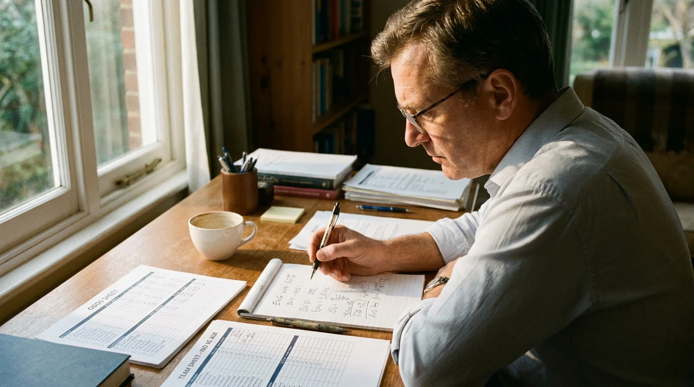 Cricket analyst reviewing match notes and odds printouts at a desk before placing a wager