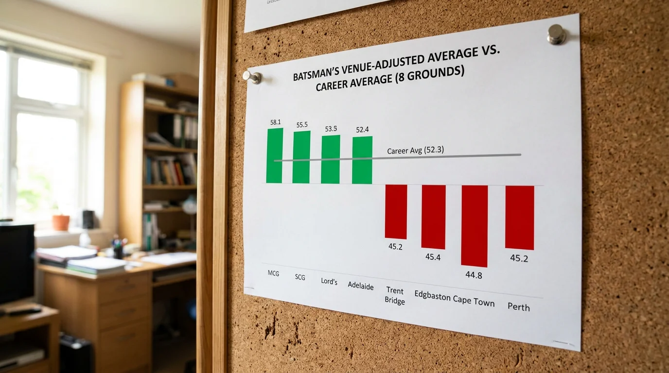 Chart showing a batsman venue-adjusted average compared to career average across different grounds
