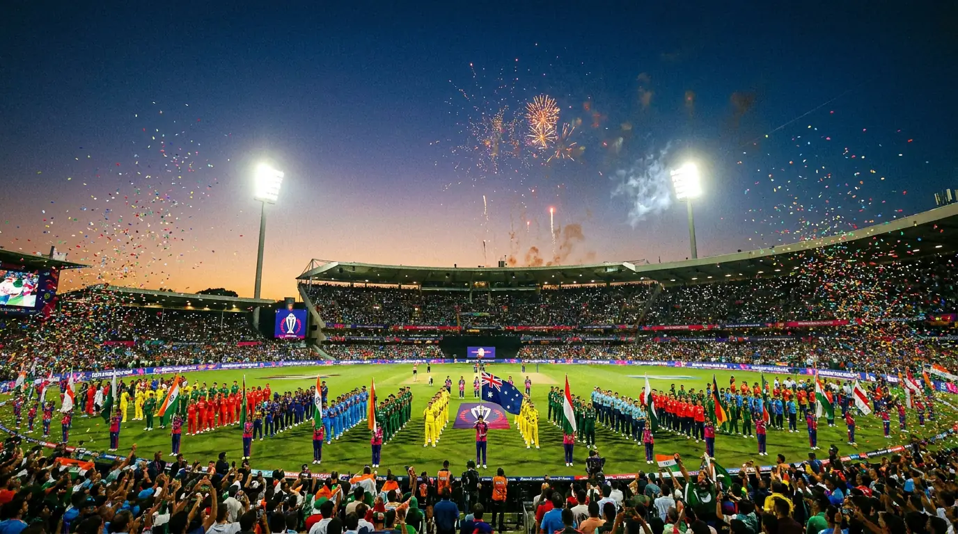Cricket World Cup opening ceremony with teams lined up on the field before the first match