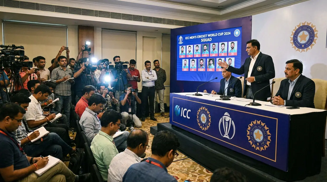 Cricket squad announcement press conference with team selectors presenting the World Cup roster